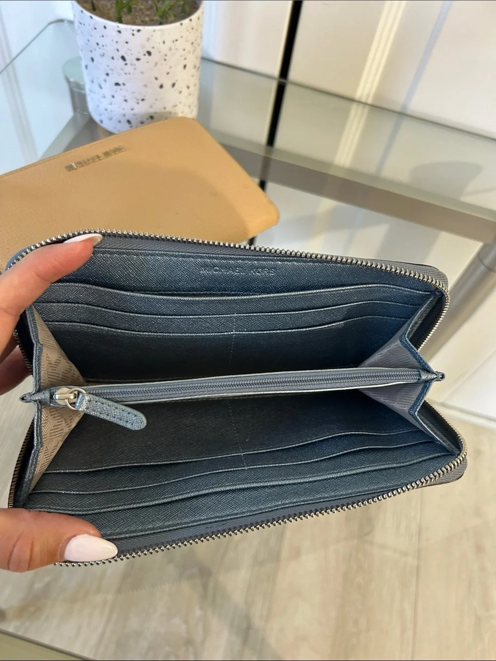 Michael Kors Blue Wallet and Tan Wristlet Set